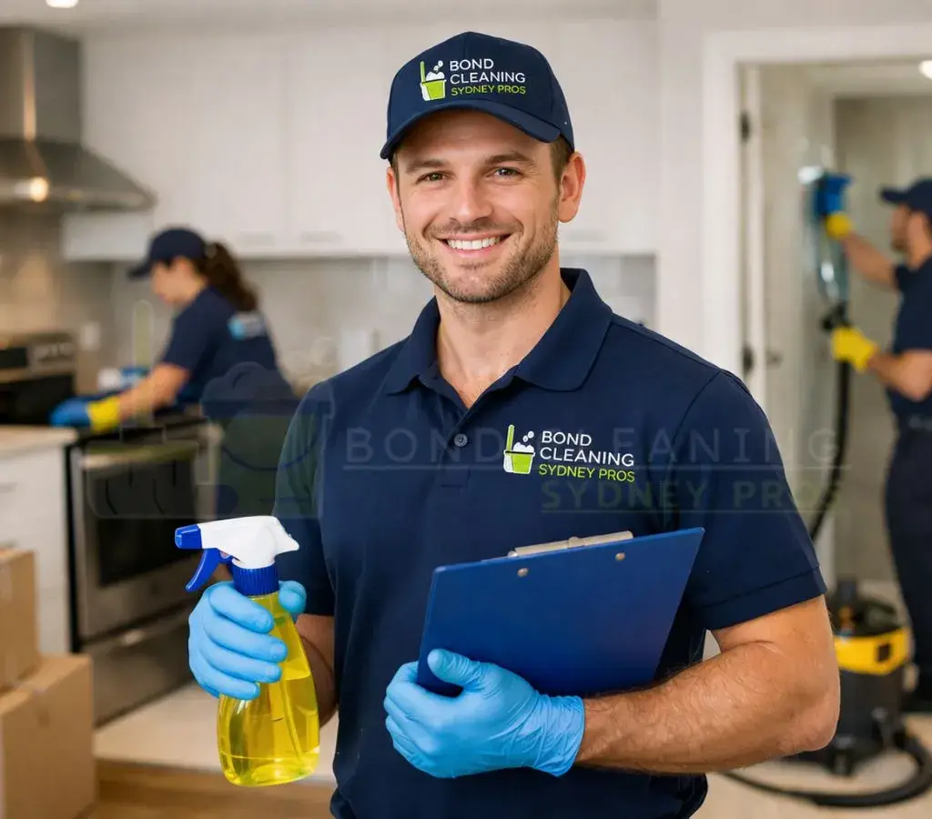 Professional bond cleaning team in Sydney performing end of lease cleaning in kitchen and bathroom areas